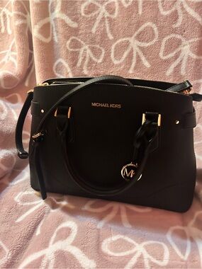 Michael Kors Black Leather Satchel with Gold Hardware
